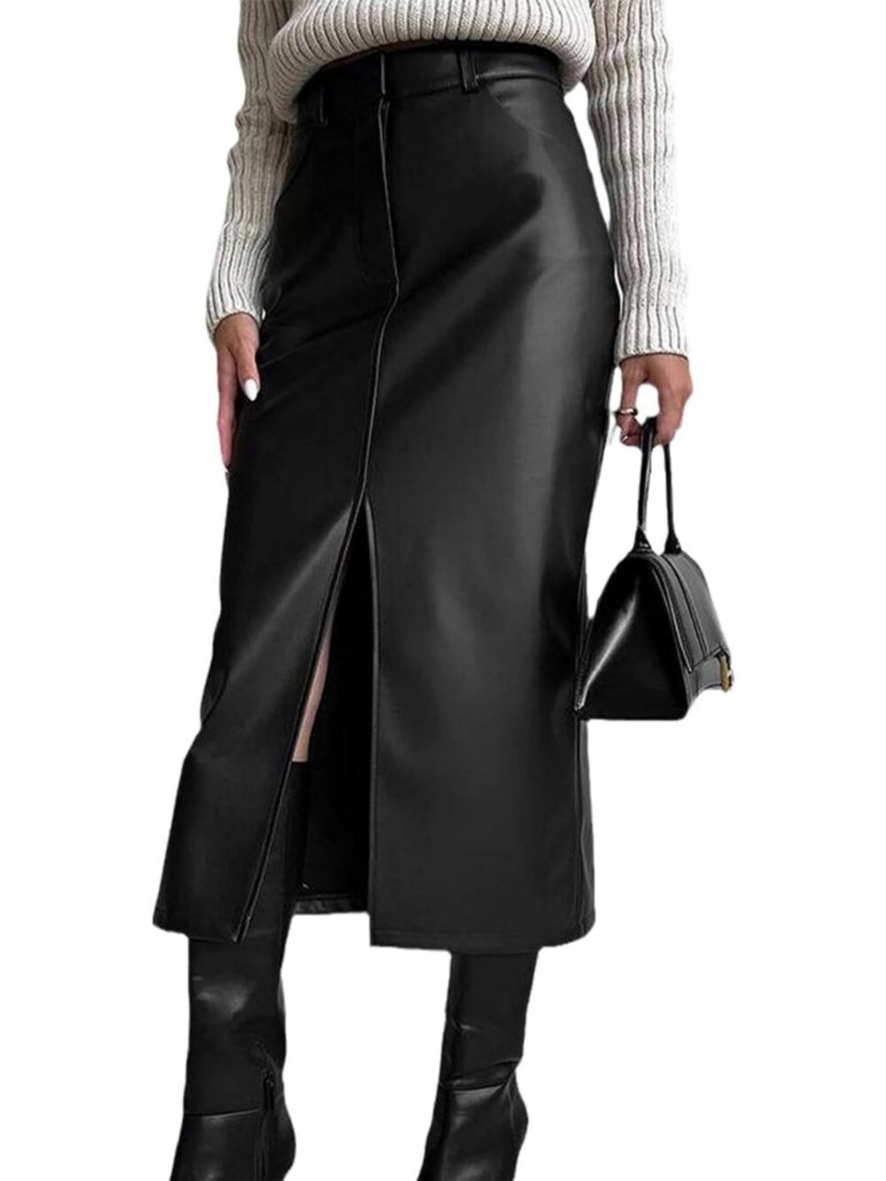 High Waisted Faux Leather Midi Skirt - Sexy Bodycon Front Split Pencil Design